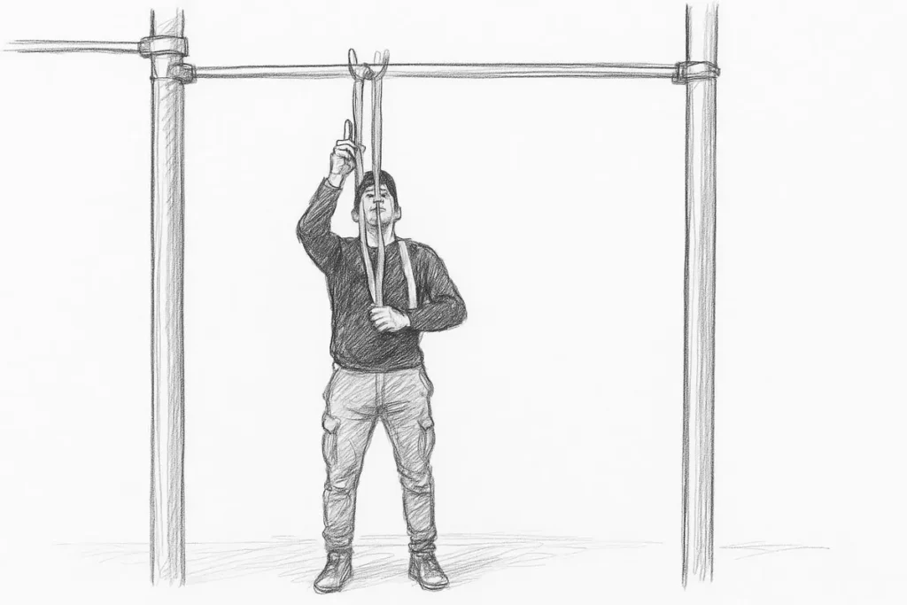 dessin illustrant l'installation d'un élastique pour un exercice de muscle-up